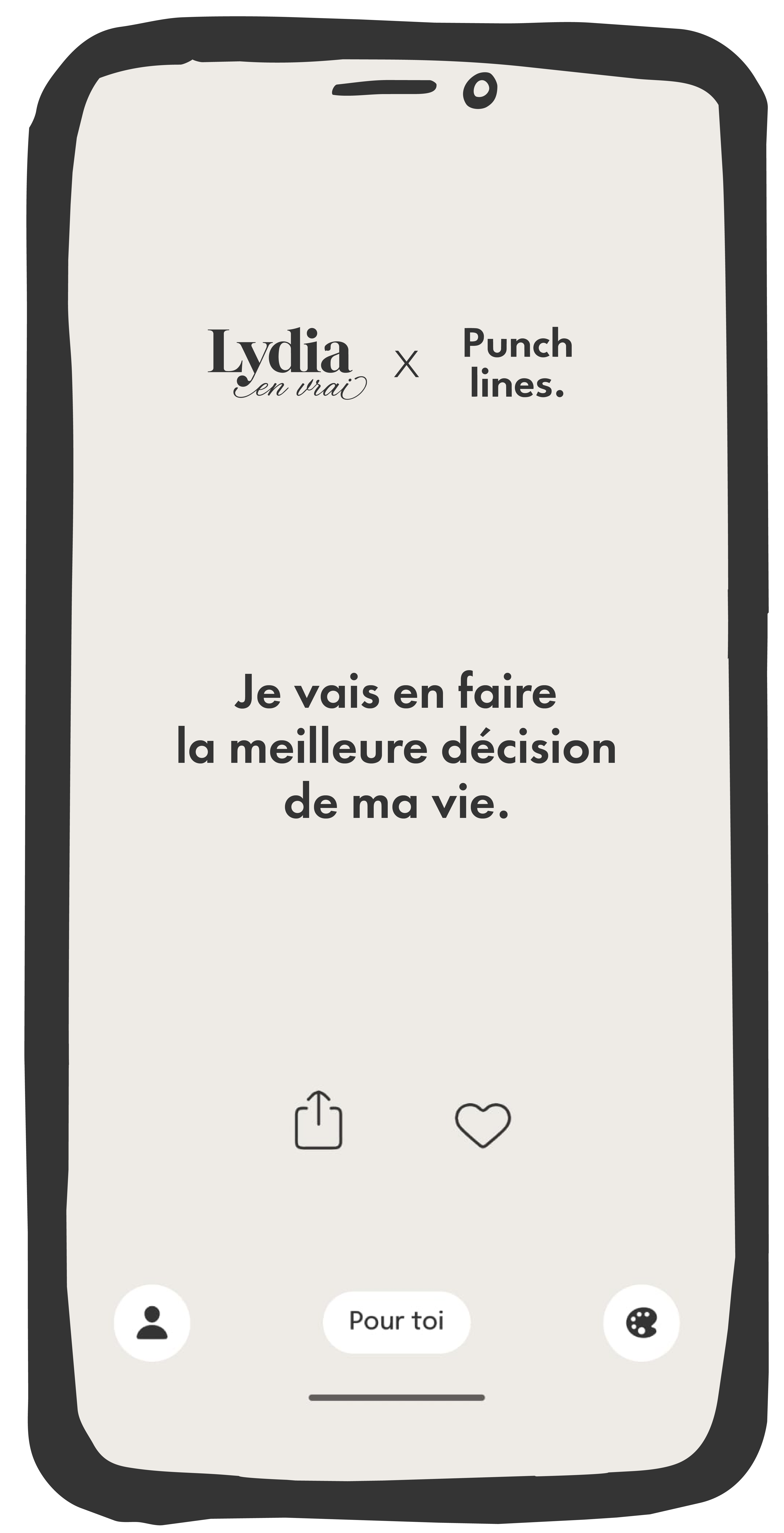 Aperçu de l'écran de l'application montrant la collection Lydia en vrai × Punchlines
